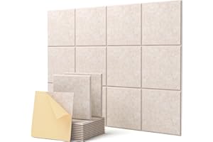 SOUNDSBAY Pannelli acustici autoadesivi, 12 pezzi, isolamento acustico, da parete ad alta densità, in poliestere, design smussato, per pareti, soffitti, legno e porte, 30 x 30 x 0,9 cm (beige)