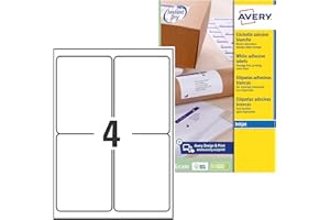 Avery Samoprzylepne etykiety do wysyłki, drukarki atramentowe, 4 etykiety na arkusz A4, 100 etykiet, QuickDRY (J8169), białe