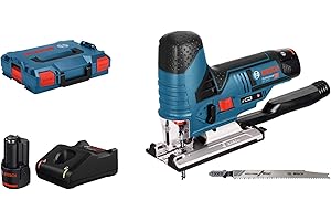 Bosch Professional 12V System scie sauteuse sans-fil GST 12V-70 (avec 2x GBA 3.0 Ah, GAL 1230 CV, 2 lames, pare-éclats, patin de glissement, set d’aspiration, calage, L-BOXX)
