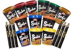 MiFan Ramen Box – 12 Cup Soba Japoneses | 6 Sabores + 6 Palillos | Fideos Yakisoba Instantáneos