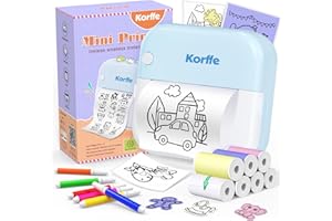 Korffe Mini Drucker für Smartphone mit 7 Rollen Druckerpapier, Wireless Sticker Kompatibel mit Android & iOS, Tiny Printer für Lernnotizen, Notizen, Journal