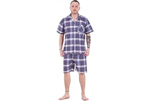 BAY ECOM UK Mens Yarn Dyed Woven Pyjama Set Regular Big Size Check Cotton Blend Shorts M-5XL