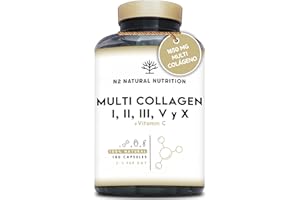Multi Colágeno Hidrolizado Puro 1650mg + Vitamina C 53mg. Colágeno Tipo I, II, III, V y X, 180 cápsulas. Favorece la Salud de Piel, Cabello, Huesos y Articulaciones. N2 Natural Nutrition.