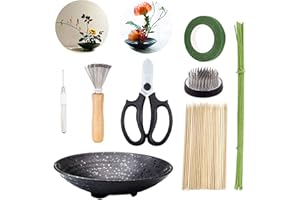 WANDIC Kit d'arrangement Floral, Lot de 51, Supports de Fleurs Ronds, Pot de Fleurs en céramique, Aiguille de Nettoyage Kenzan, râteau, tiges Florales et Ruban adhésif Floral pour Arrangement Floral