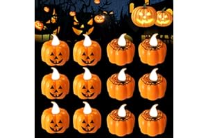 Kinyoda Citrouille Bougie d'halloween, 12Pcs Halloween Bougie Citrouille LED Bougies Chauffe-plat à Batterie Bougies à la Citrouille pour Décorations de Table, Fournitures de Fête d'halloween