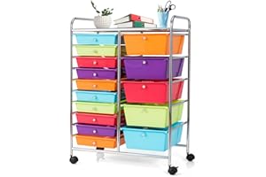 KOMFOTTEU Wózek z 10/15 szufladami, można układać w stos, wózek łazienkowy, kontener na kółkach z metalową ramą, wózek uniwersalny, wózek do gospodarstwa domowego, wózek pomocniczy do łazienki i
