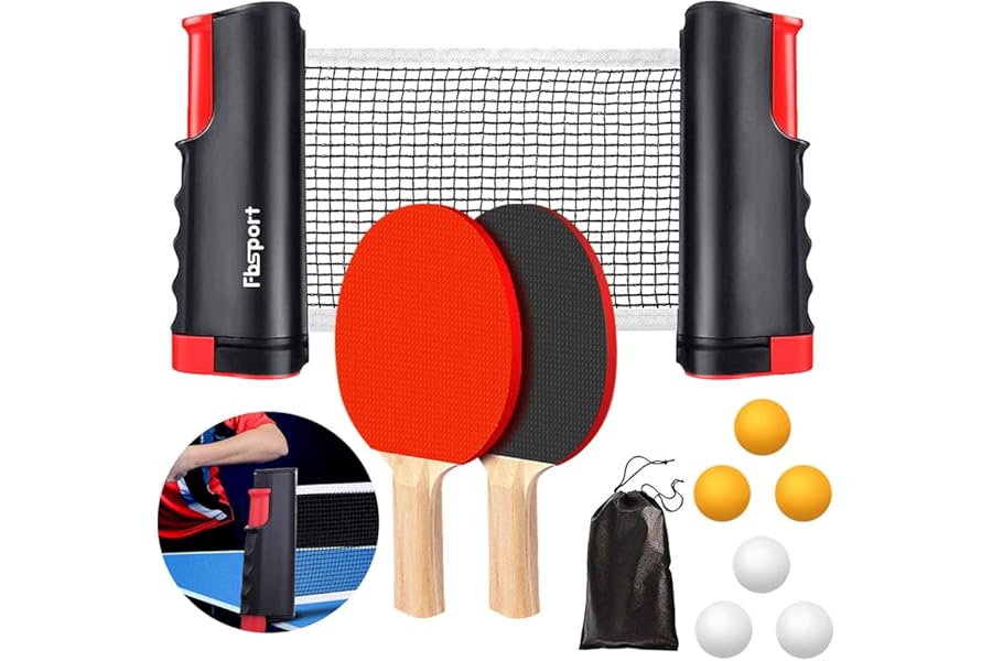 FBSPORT Table Tennis Set, Ping Pong Bats Set with 2 Paddles, 1 Retractable Net, 6 Balls, 1 Carrying Bag, for Trainer Adults Families Indoor Outdoor