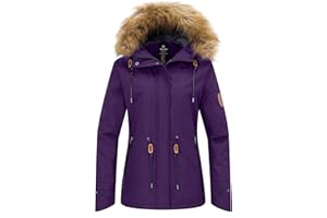 Wantdo Femme Veste de Ski Imperméable avec Capuche Fausse Fourrure Manteau d'hiver Chaud Veste de Snowboard Outdoor Veste Randonnée Travail Coupe-Vent