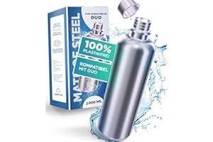 MATE OF STEEL® 100% Plastikfreie 1000ml Edelstahl Flasche Kompatibel mit Sodastream Easy & DUO - Spülmaschinenfest 1 Liter Trinkflasche aus Metall Soda Flaschen Ersatzflaschen