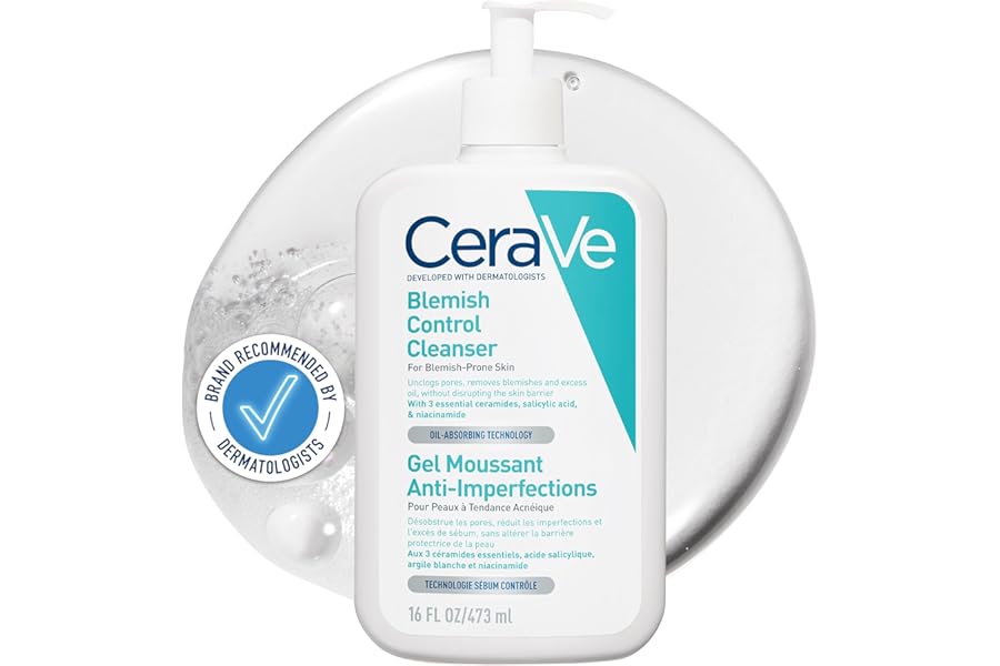 CeraVe Blemish Control Face Cleanser With 2% Salicylic Acid, Niacinamide, 3 Essential Ceramides, Hectorite Clay, Gel-to-Foam, For Blemish-Prone Skin, Oil-Absorbing Technology, Fragrance Free, 473ml