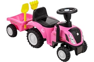 Baroni Toys Tracteur Ride-On avec remorque pour enfants de 12 à 36 mois, tracteur avec klaxon à air, volant directeur, sons et phares fonctionnants, pelle et râteau inclus, 29 x 91 x 44 cm, rose