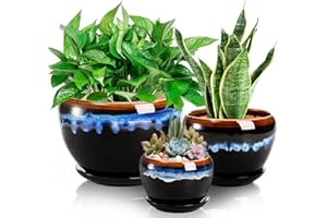 AVLA 3 Pack Ceramic Flower Pots, Gardening Drip Glazed Planter, Plant Pot with Drainage Hole and Saucer, 7/5/4 Inch Rustic Houseplant Container for Succulent Herbs Cactus Orchid, Home Indoor Outdoor