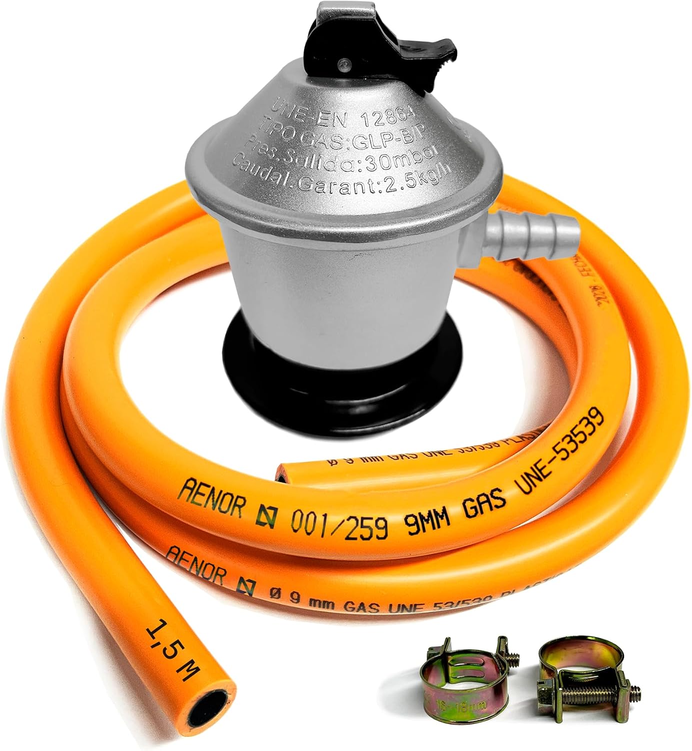 Cia&Co Kit Regulador Gas Butano 30 mbar Homologado + Manguera 1,5 m / 3 m / 5 m y Abrazaderas – Regulador para Bombonas de Gas en Cocinas, Camping, Hornillos, Barbacoas y Paelleros. (Classic - 1,5 m)