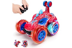 WhizWinks Remote Control Cars Toys for 3-8 Year Old Boys Gift, Dinosaur Toys for Boys Aged 3-5-6-10 Outdoor Garden Toy Gifts for 3-8 Year Old Monster Trucks 360° Flips Stunt Car with Lighting Wheels
