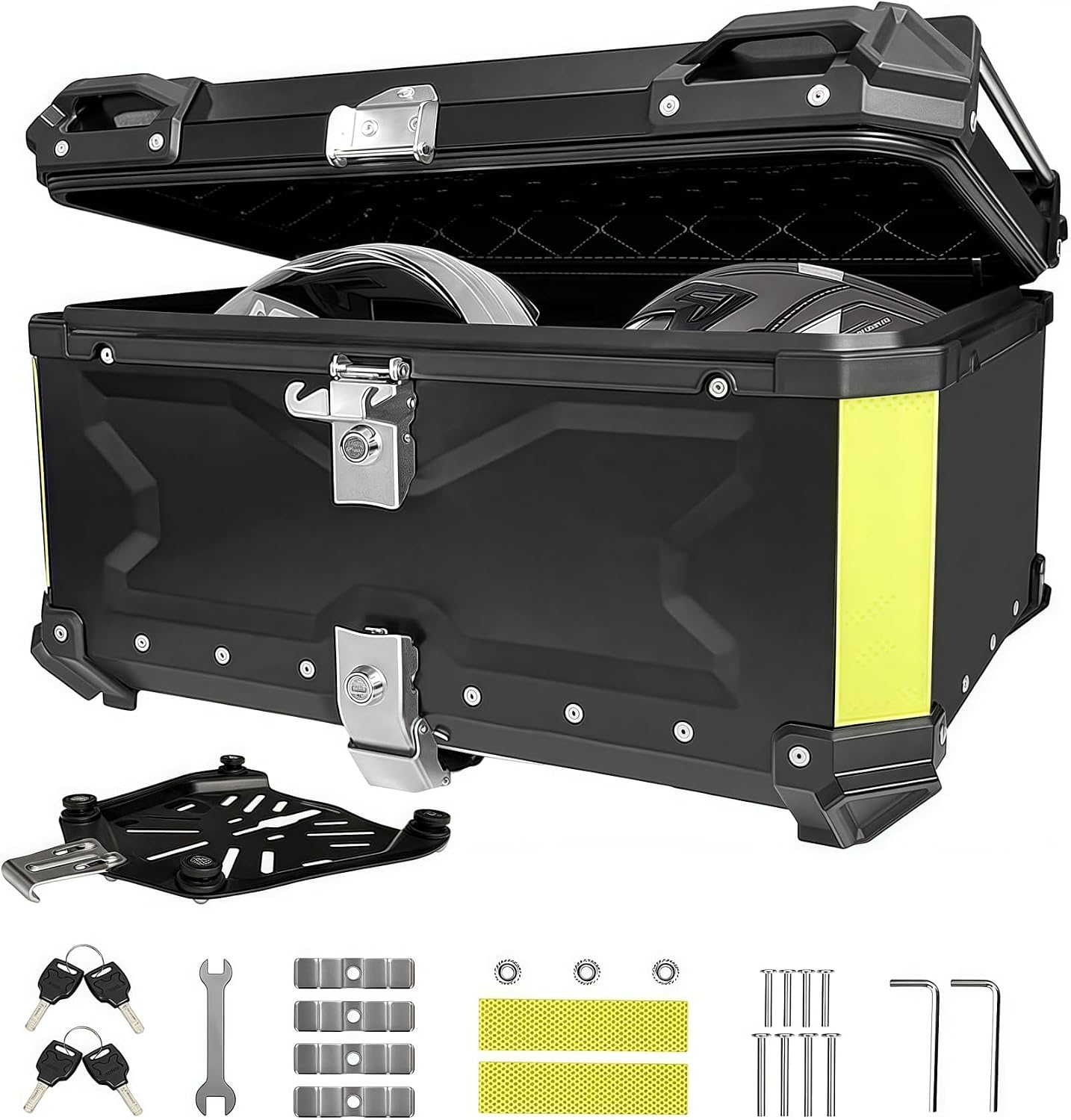NBYTLT 65L Motorcycle Top Case, Aluminum Luggage Box with Lock & 4 Keys, Universal Black Tail Trunk with Baseplate Waterproof, Tail Box with Security Lock for Most Frames