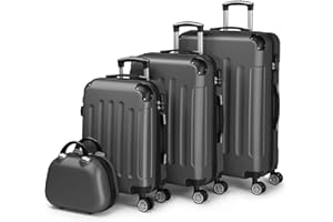 LALAHO Kofferset 4 teilig, Reisekoffer Set mit Kosmetikkoffer, Hartschalen Koffer Set aus ABS, Gepäckset mit Schminkkoffer, Handgepäck und 4 Eckenschützern, Dunkelgrau