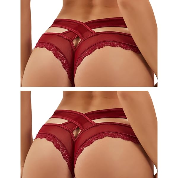 Magi Tanga voor dames, van transperente tule of kant, ondergoed Made in EU, 3-delige set, rood, L