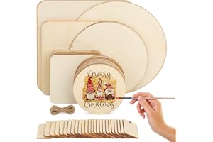 QUOTRE Lot de 55 plaques en bois non finies pour travaux manuels, disques en bois non verni de différentes formes, décoration pour travaux manuels, pyrogravure, écriture, Noël, ornements