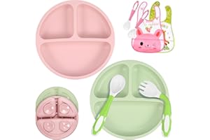 twocolur 2 jeux Assiette Silicone Bébé avec Ventouse, Assiette Bébé Design de Séparation avec Ustensiles et Bavoirs, sans BPA, passe au micro-ondes et au lave-vaisselle, sevrage & alimentation faciles