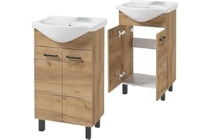 .DEFTRANS Domodomo - Mueble de baño con lavabo, 85 x 50 x 41 cm, mueble de baño de pie con cajón y armario inferior, lacado, elegante juego con lavabo de cerámica