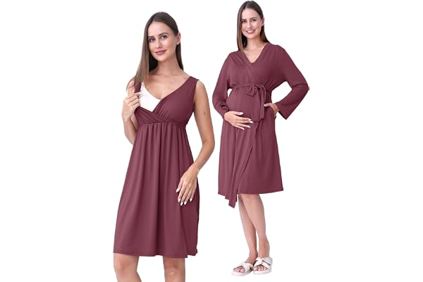 SUNNYBUY mamma- och amningsnattskjorta med morgonrock i 2 delar | 3-i-1 graviditetsnattklänning set för födsel, veckosäng och amning, sjukhus nattkläder