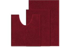 UHOUSEST Bathroom Mat Set of 3, Non Slip Chenille Bath Mat Set Rugs, Extra Soft With Water Absorbent Pedestal Bathmat and U Shape Bathroom Toilet Rug, Machine Washable Bath Mats for Bathroom, Burgundy