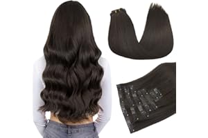 DOORES Extension Capelli Veri Clip, Marrone Scuro 35cm 14 Pollici 7 Pezzi 110g Capelli Veri Lisci Umani Extension Con Clip Invisibile PU Seamless Extension per Capelli a Clip Capelli Umani Extension