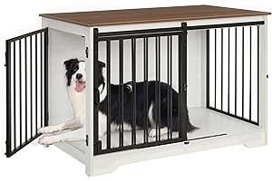 Hzuaneri Hundekäfig Möbel, 100cm hundebox für zuhause, Schiebetüren, 2 Tür, Moderne hundebox Holz Indoor für kleine/mittlere/große Hunde, Hundekäfig für Zuhause, 100 x 60 x 68 cm, Weiß Braun
