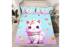 MANFEI Unicorn Cat Fitted Sheet Double Size, Cartoon Stars Candy Bed Cover with 2 Pillowcases, Kawaii Unicorn Bedding Set 3pcs for Kids Girls Adults Room Decor, Soft Polyester Bedding