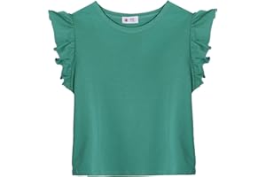 KAKU NANU Tee Shirt Fille 3-10 Ans Volant Haut pour L'Été Coton Léger et Respirant T-Shirt Uni Blanc Jaune Rose Bleu