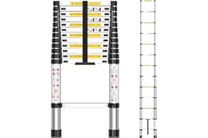 arvioo Teleskopleiter, Ausziehleiter mit 13 Sprossen, Max. Arbeitshöhe 4,5 m, Mit Klettverschluss, Leicht zu Verstauen & Transport, Klappbar, Platzsparend, Belastbar bis 150 kg (Leiterlänge 3,8 m)