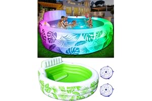 LanBlu Piscine Gonflable Adulte avec Lumières de Piscine, 230CM*230CM Piscine Gonflable Familiale avec Sièges, Grande Piscines Gonflables Ronde avec Porte-Gobelet, Piscine de Jardin pour Adulte