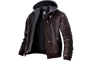Wantdo Homme Veste en Simili Cuir Manteau Chaud Coupe-Vent Moto Rétro Multi-Poches Blouson en PU Capuche Amovible Veste de Texture Mate