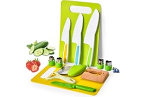 FUUMUUI 13 Pieces Kids Kitchen Knife Set,Wooden Safety Knives for Real Cooking Toddler Knife Set Include 4 Toddler Knives with Serrated Edges, Cutting Boards, Crinkle Cutter, Peeler and Wooden Safe Knife
