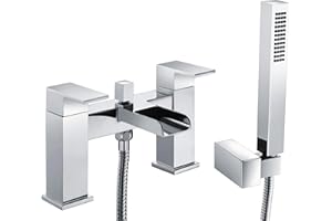Balterley Bath Mixer Tap with Shower Kit, Dual Lever Square Bath Filler Tap, Rectangular Head Showers for Bathrooms, Bathroom Taps with Shower Head and Hose Set - 230 x 144 x 150mm (Chrome)