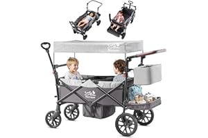 ROVIQUE Bollerwagen für 2 Kinder, faltbarer Kleinkinderwagen mit Dach und abnehmbarem Tablett,Tür mit Reißverschluss,5-Punkt-Gurt, verstellbarer Griff, Bollerwagen mit Sitz (Grau)