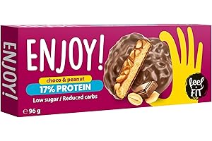 ‎FEEL FIT Feel FIT ENJOY! Choco & Peanut, Protein Kekse mit Erdnuss Creme und Erdnüssen in Milchschokolade ohne Zuckerzusatz, Low-Carb & Keto-freundlich Süßigkeiten, Kekse für Diabetiker, Protein Snacks, 96 g