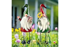 HONGLAND Garden Gnome Statue Outdoor Metal Gnome Yard Art 18 Inch Gnome Figurine Decorative Stakes for Holiday Xmas Lawn Patio Yard Garden Decor-2 PCS