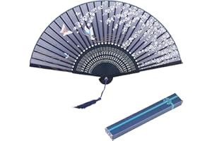 KAKOO Japanischer Handfächer mit Geschenkbox Schmetterling und Blütenkirsche Stofffächer Fächer Wandfächer Hochzeit Party Karneval Blau (Blau-Schmetterling und Blütenkirsche)