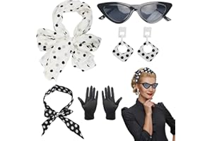 LOPOTIN 5TLG Rockabilly Accessoires 50er Jahre Damen Kleid Zubehör 1950s Kostüm Set mit Chiffon Schal Polka Dot Stirnband Katzen Auge Brille Rot 60er Jahre Kleidung für Motoparty Retro Teily Party