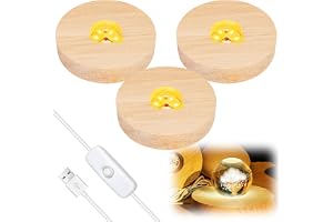 Vegena 3 Stycken LED-Displaysockel, Ljusbas i Trä Med USB, Rund Bas för Akryl, Kristall (10 cm, Varmvit)