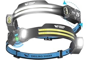 Smiling Shark Lampe Frontale, 2 Pièces Lampes Frontales LED Rechargeable Ultra Puissante avec 2 Faisceau Large & Spot Réglable Détecteur de Mouvement 2400 mAh 5 Modes pour Randonnée Pêche Camping