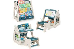 GYMAX Cavalletto per Bambini 3 in 1 con Ripiano, Sgabello Regolabile, Gomma e 4 Pennarelli, Lavagna Magnetica su Supporto Bifacciale, Adatto per Bambini da 1-5 anni, 56 x 54 x 63 cm (Verde)