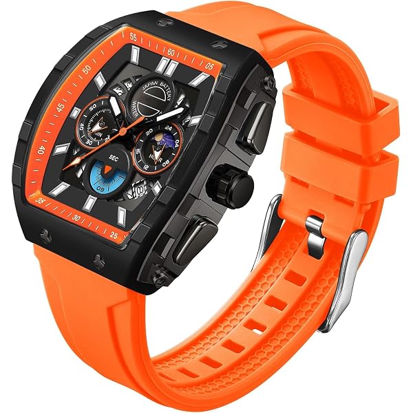 findtime Orologio da uomo con cronografo, analogico, sportivo, impermeabile, da corsa, cronometro, Tonneau, con display luminoso con fasi lunari, orologio al quarzo, Arancione, Cinturino