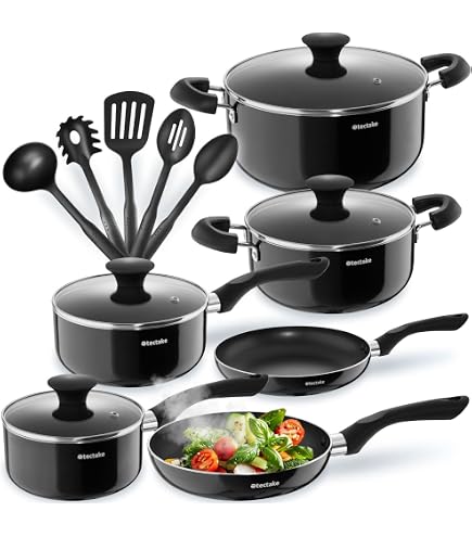 SereneLife Set Pentole E Padelle 11 Pezzi – Antiaderente, PFOA Free, Manici In Bakelite, Coperchi In Vetro – Adatto A Gas, Elettrico, Ceramica