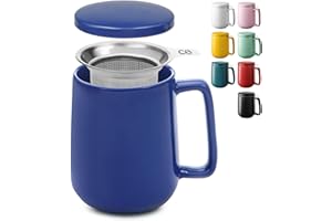 Cosumy Taza de Te con Filtro y Tapa 500ml - Ceramica Azul - Mantiene Caliente la Infusion - Apta para Lavavajillas