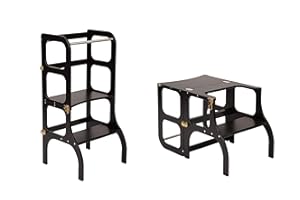 ETTE TETE Klappbarer Lernturm mit Sitzfunktion, 45 cm Stehhöhe, Step’n’Sit, Lernturm mit Sitz und Tisch umklappbar, Birkenholz, UV-Lackiert, Schwarz mit Gold Beschlägen