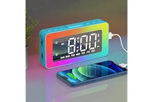 AFEXOA Digital Electronic Alarm Clock with 2 Alarm Clocks, Mirror LED with 8 Light Modes, Snooze, Sleep Aid, Timer, with Continuous Dimmer, USB Charging Port for Girls (Blue)