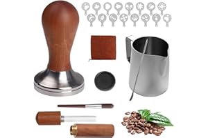 BLYEMICHDI Lot de 23 Tamper à café, kit d'accessoires pour Barista,Presse à Café en Acier Inoxydable 51mm,Pot à Lait(250ml),Espresso Tamper,Serviette de barista,Stylo à latte et Pochoirs Décoratifs