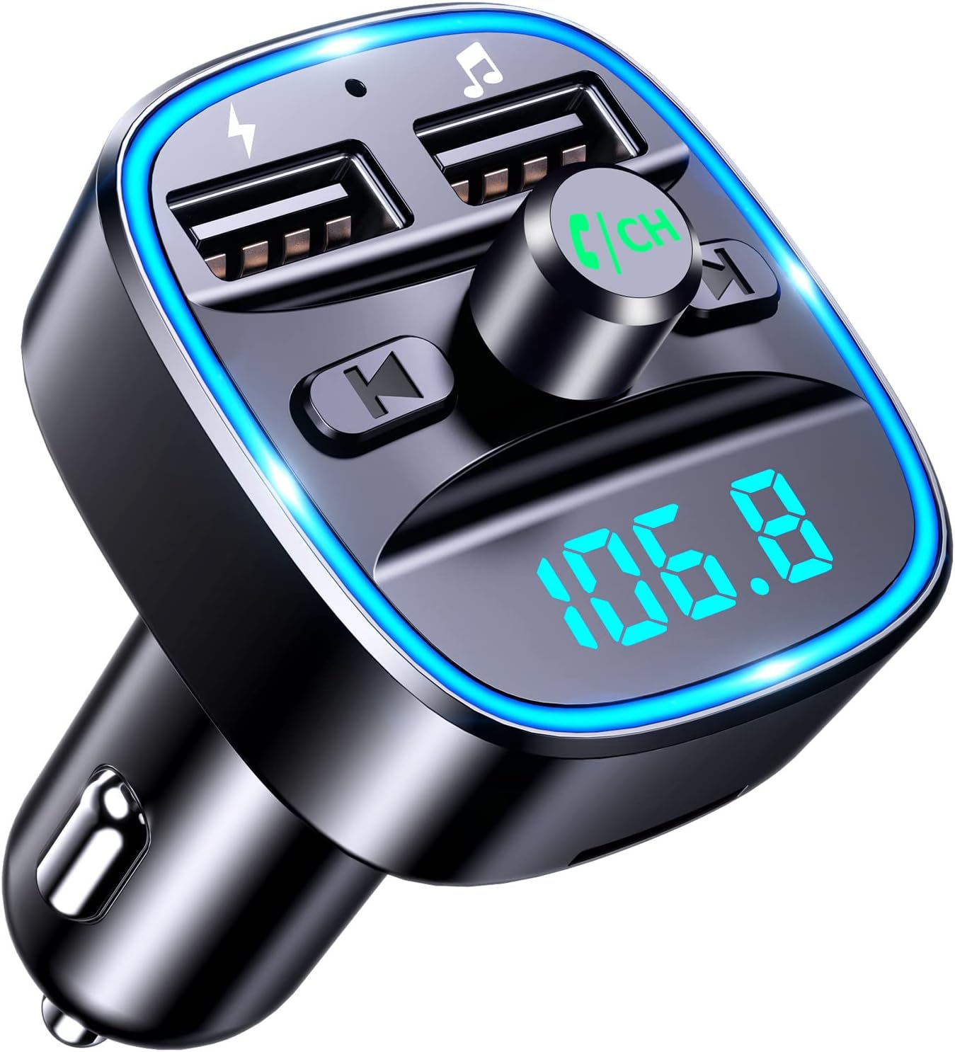 Mohard Transmisor FM Bluetooth Coche, Manos Libres Adaptador Bluetooth Coche Mechero, Musica Radio Inalámbrico Reproductor MP3, Puertos USB Duales (5V/2.4A & 1A), Soporte Unidad Flash USB y Tarjeta TF